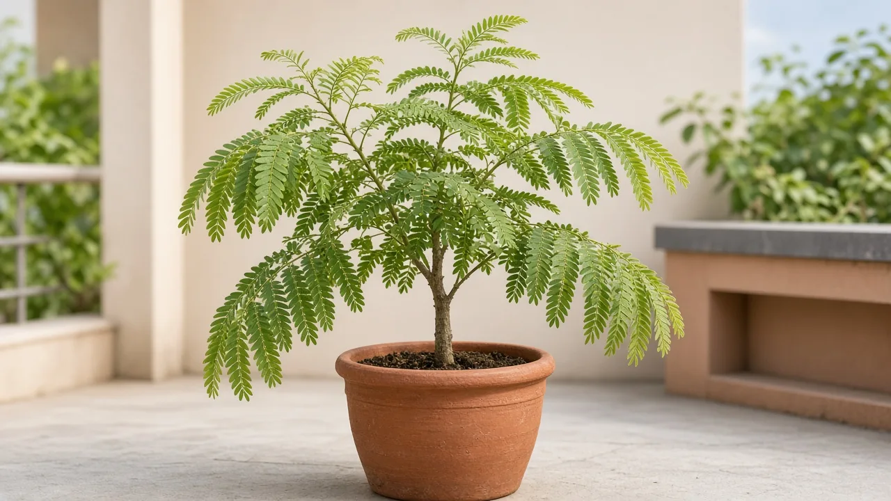 Wilting on Amla - collapsed feathery branchlets on a terrace container Indian gooseberry tree