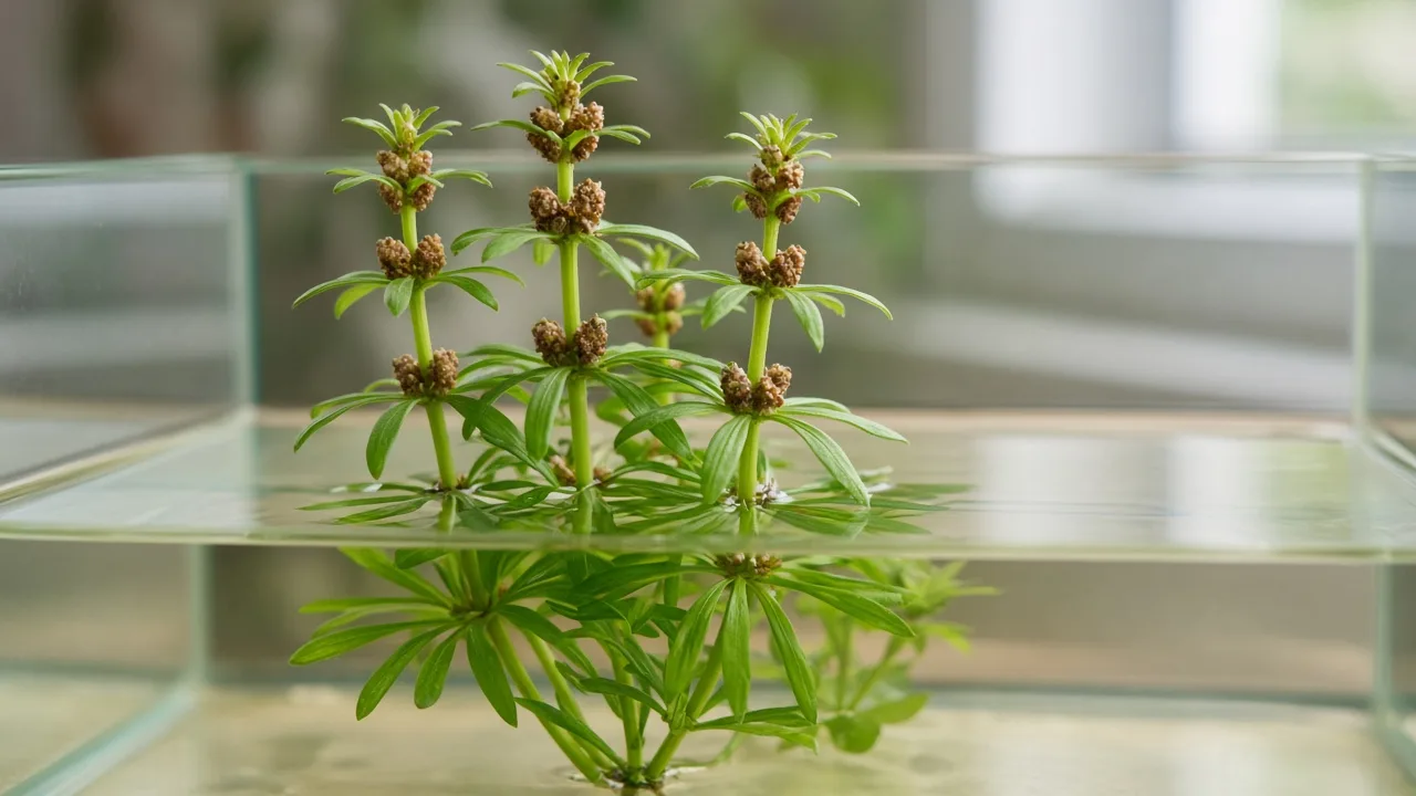 Scale insects on Anacharis / Elodea - tan bumps on emersed stems above water