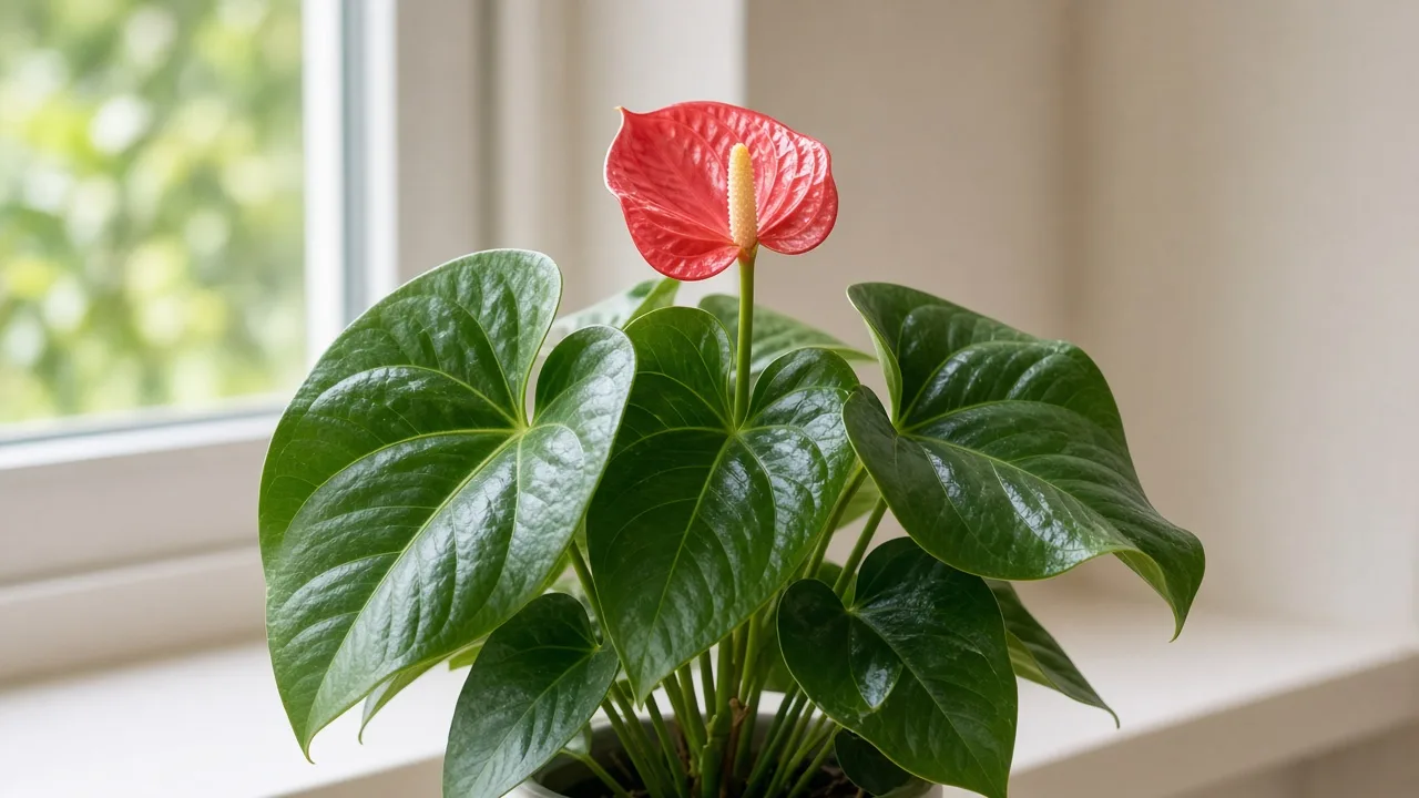 Curling Leaves on Anthurium - cupped heart-shaped foliage on flamingo flower
