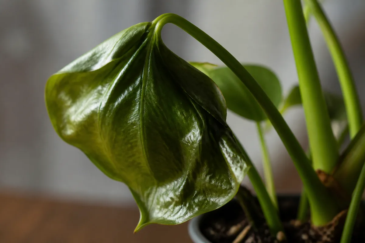 Close-up of Drooping Leaves on Anthurium - diagnostic detail