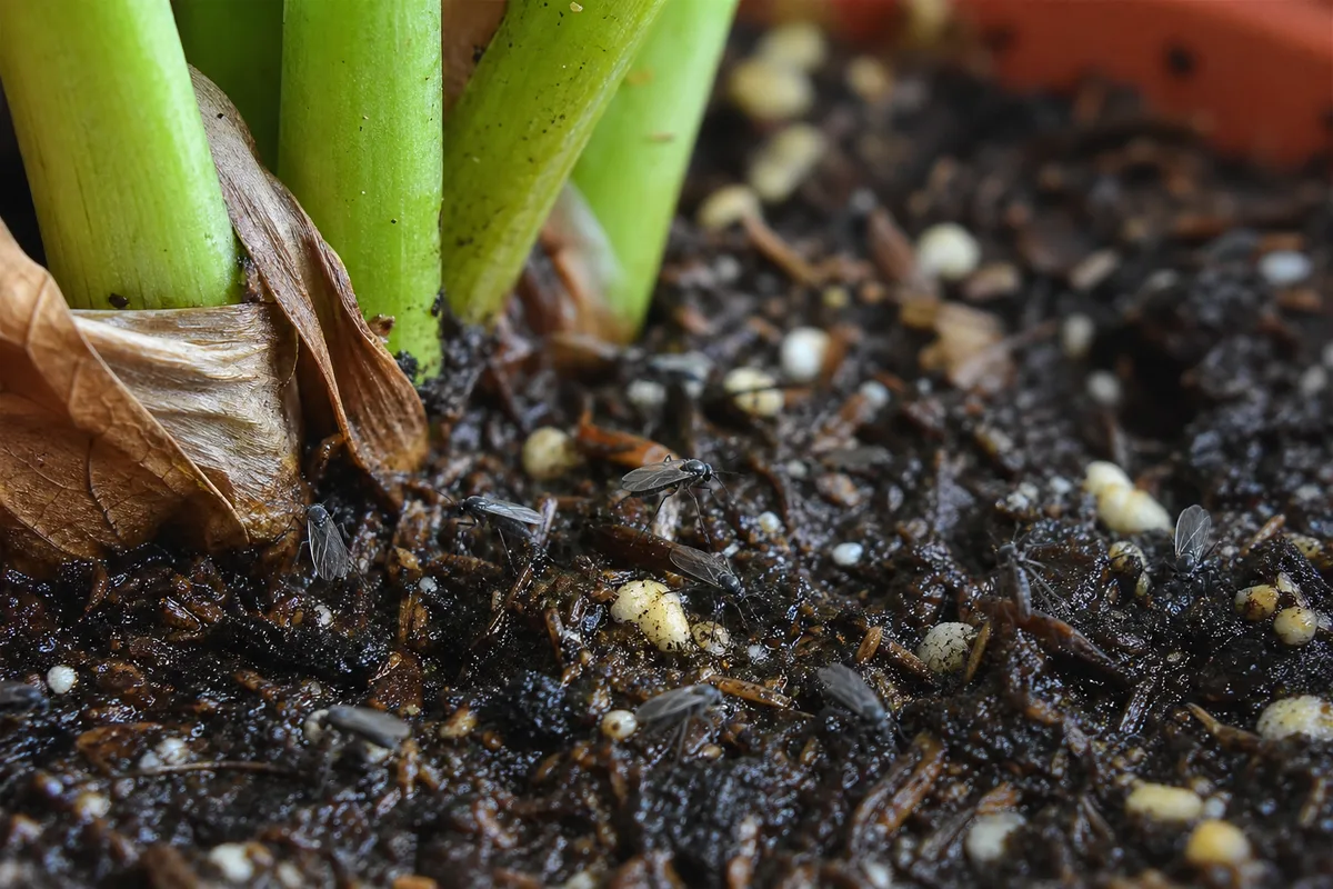 Close-up of Fungus Gnats on Anthurium - diagnostic detail