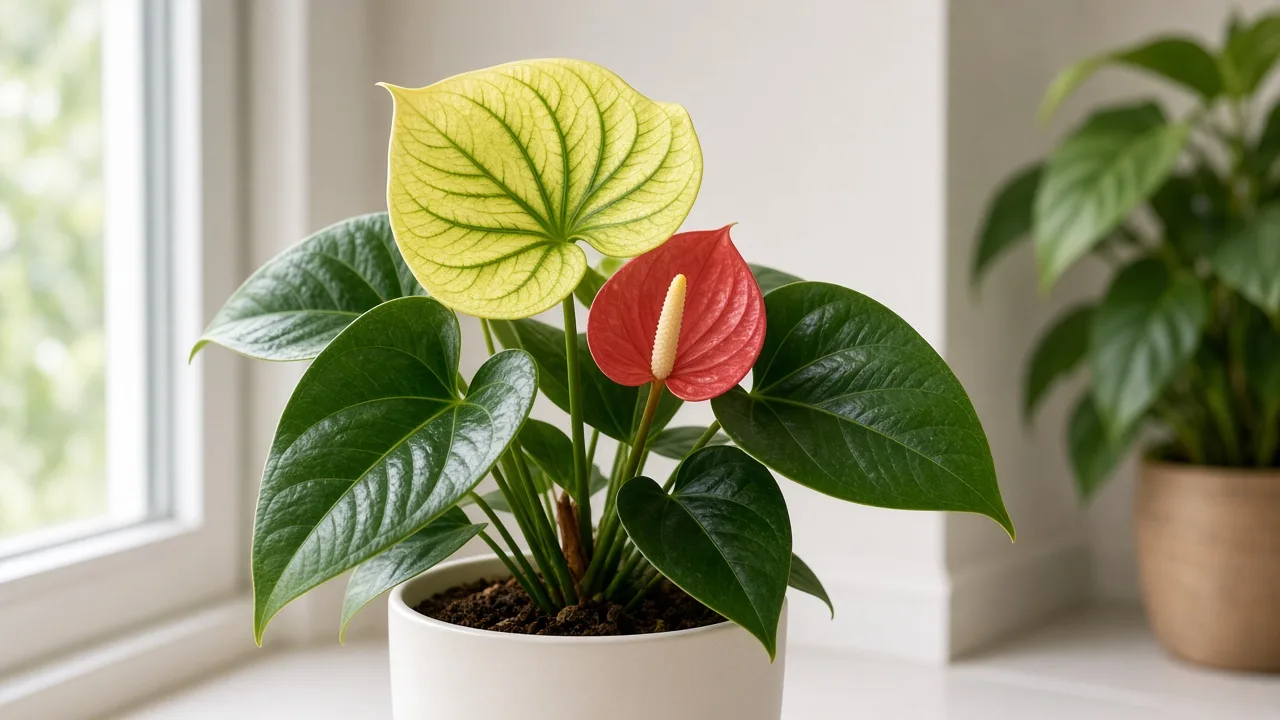 Iron deficiency on anthurium - pale new heart-shaped crown leaf with green veins above glossy older foliage