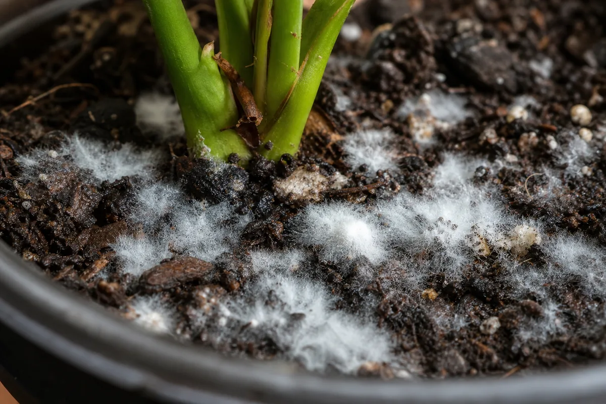 Close-up of Mold on Soil on Anthurium - diagnostic detail