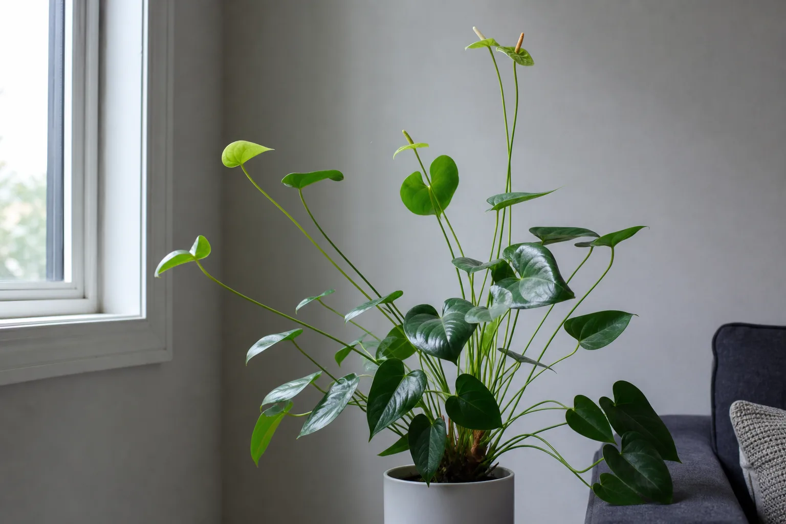 Not Enough Light on Anthurium - visible symptom on the plant