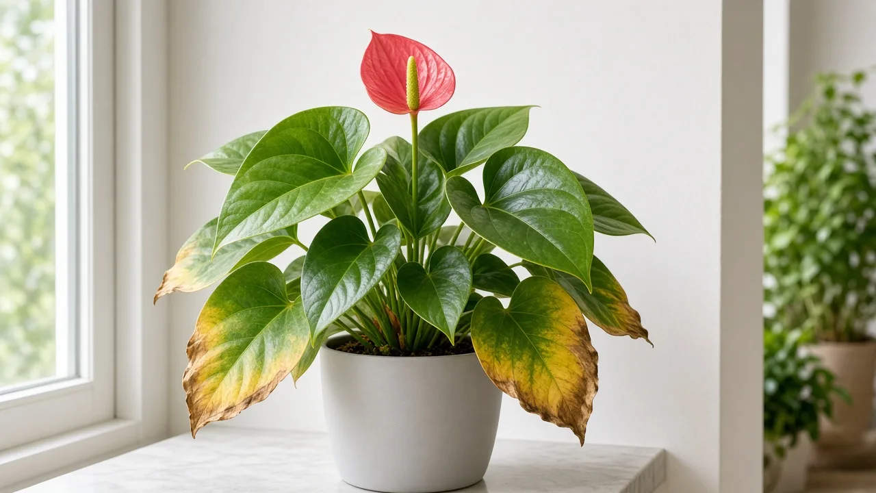 Potassium deficiency on anthurium - scorched margins on older heart-shaped leaves with greener new spathe at crown