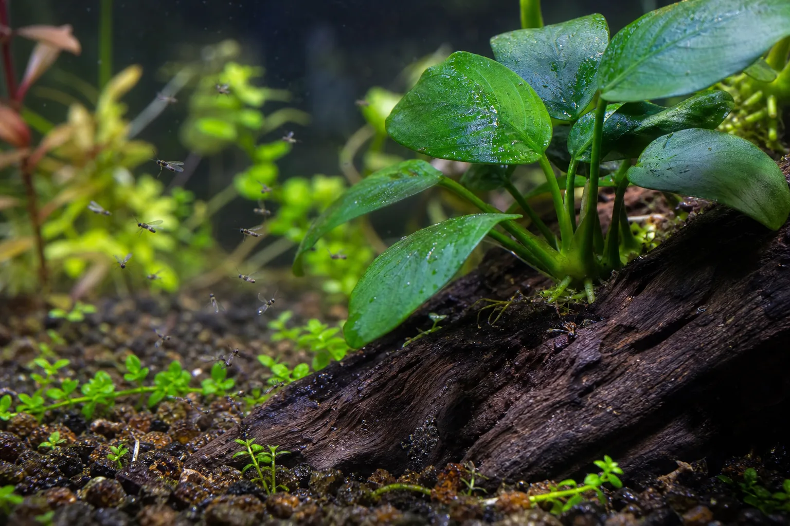 Fungus gnats near an Anubias tank rather than breeding on submerged leaves