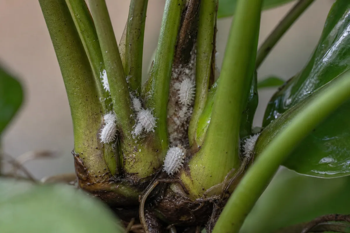 Close-up of Mealybugs on Anubias - diagnostic detail