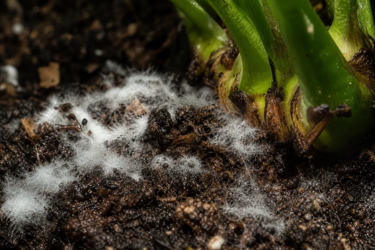 Close-up of Mold on Soil on Anubias - diagnostic detail