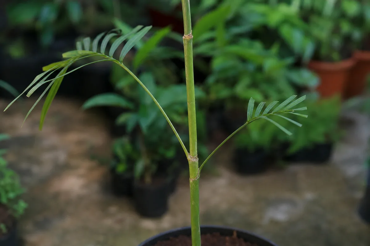 Close-up of Leggy Growth on Areca Palm - diagnostic detail
