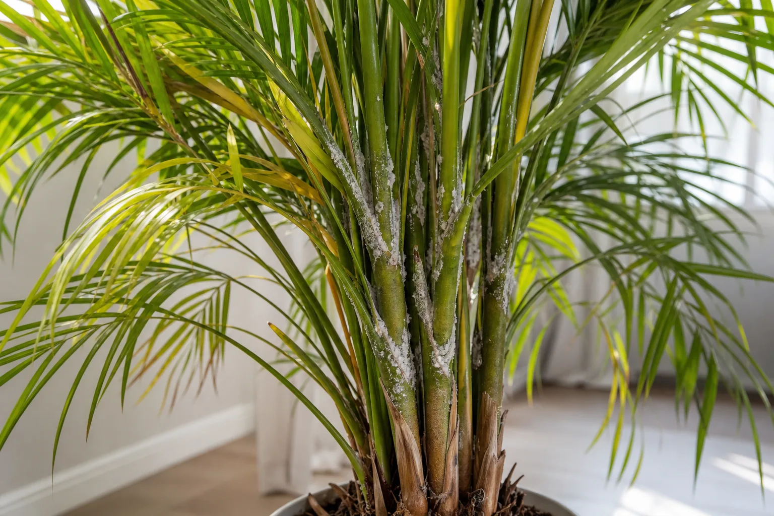 Mealybugs on Areca Palm - visible symptom on the plant