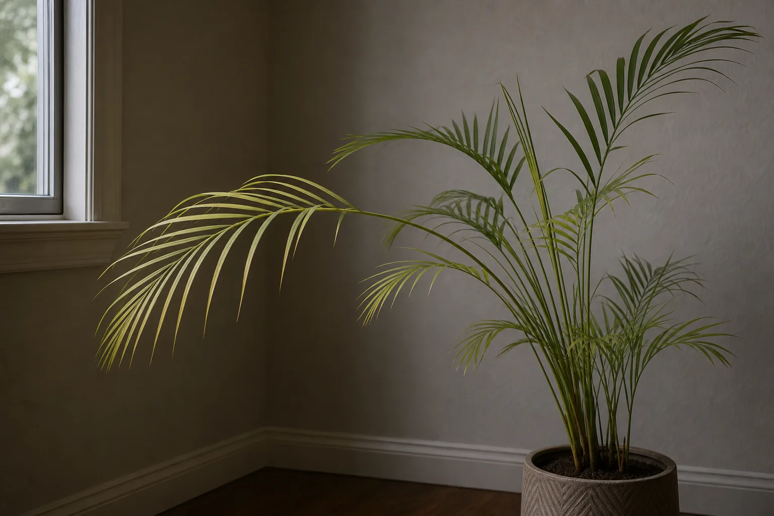 Not Enough Light on Areca Palm - visible symptom on the plant