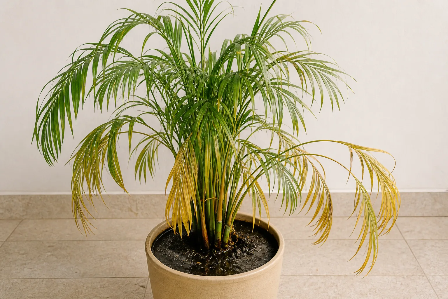 Overwatering on Areca Palm - visible symptom on the plant