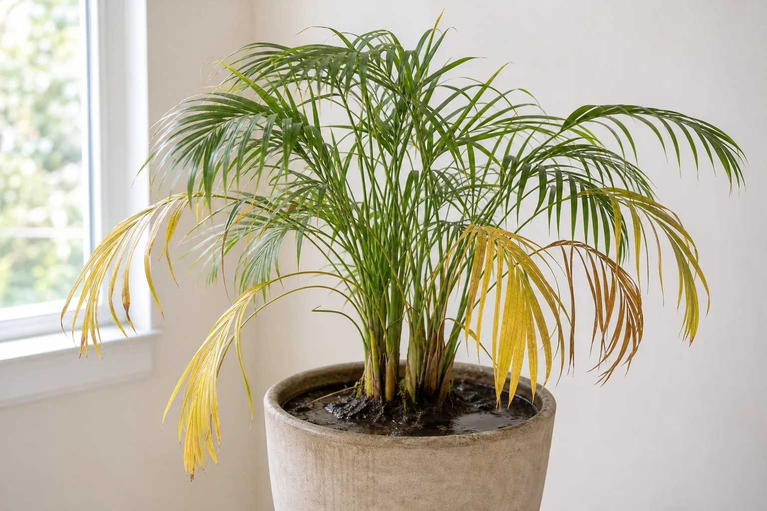 Root Rot on Areca Palm - visible symptom on the plant