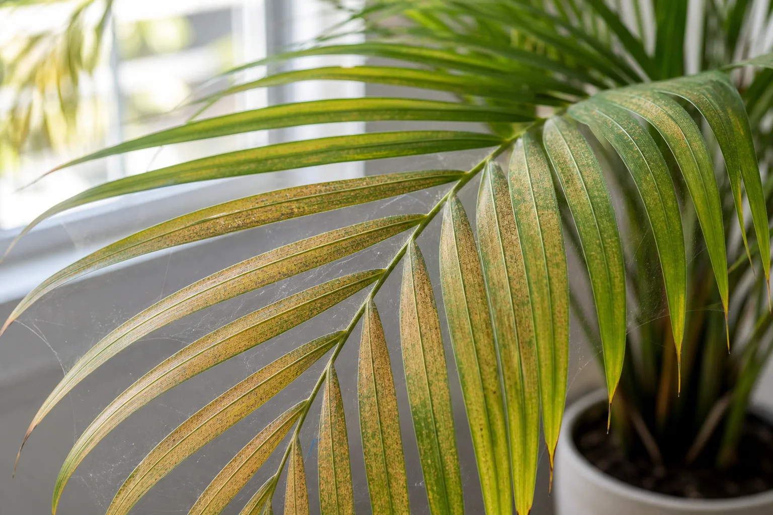 Spider mite damage on areca palm for pest identification