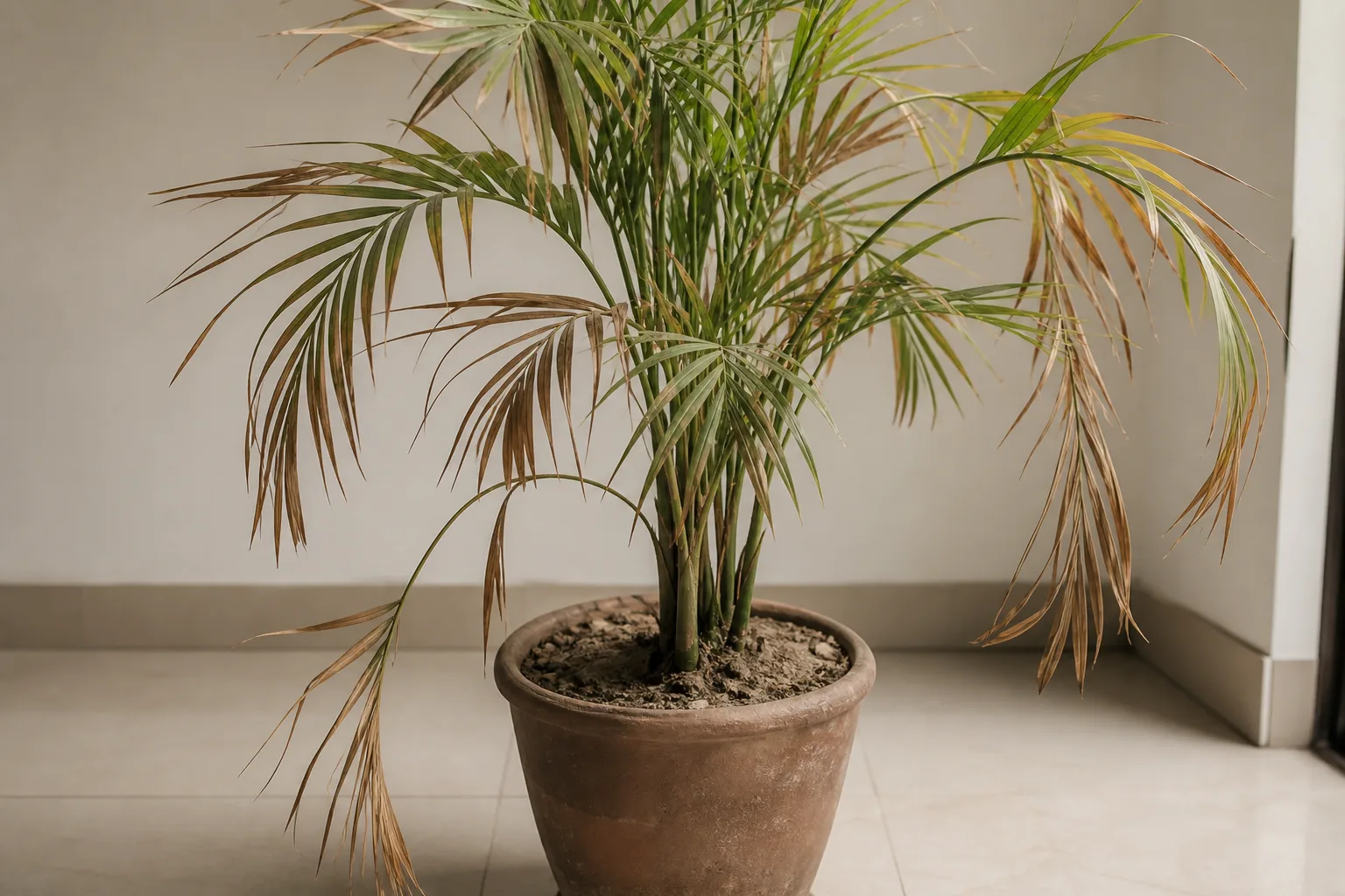Underwatering on Areca Palm - visible symptom on the plant