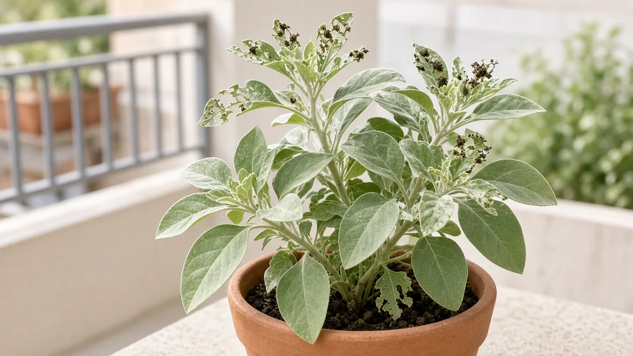 Caterpillars on Ashwagandha - ragged chew holes and skeletonized silvery-green foliage on a sun-grown medicinal herb shrub