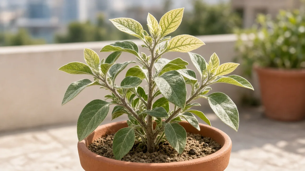 Iron deficiency on Ashwagandha - yellow new silvery leaves with green veins on erect shrub