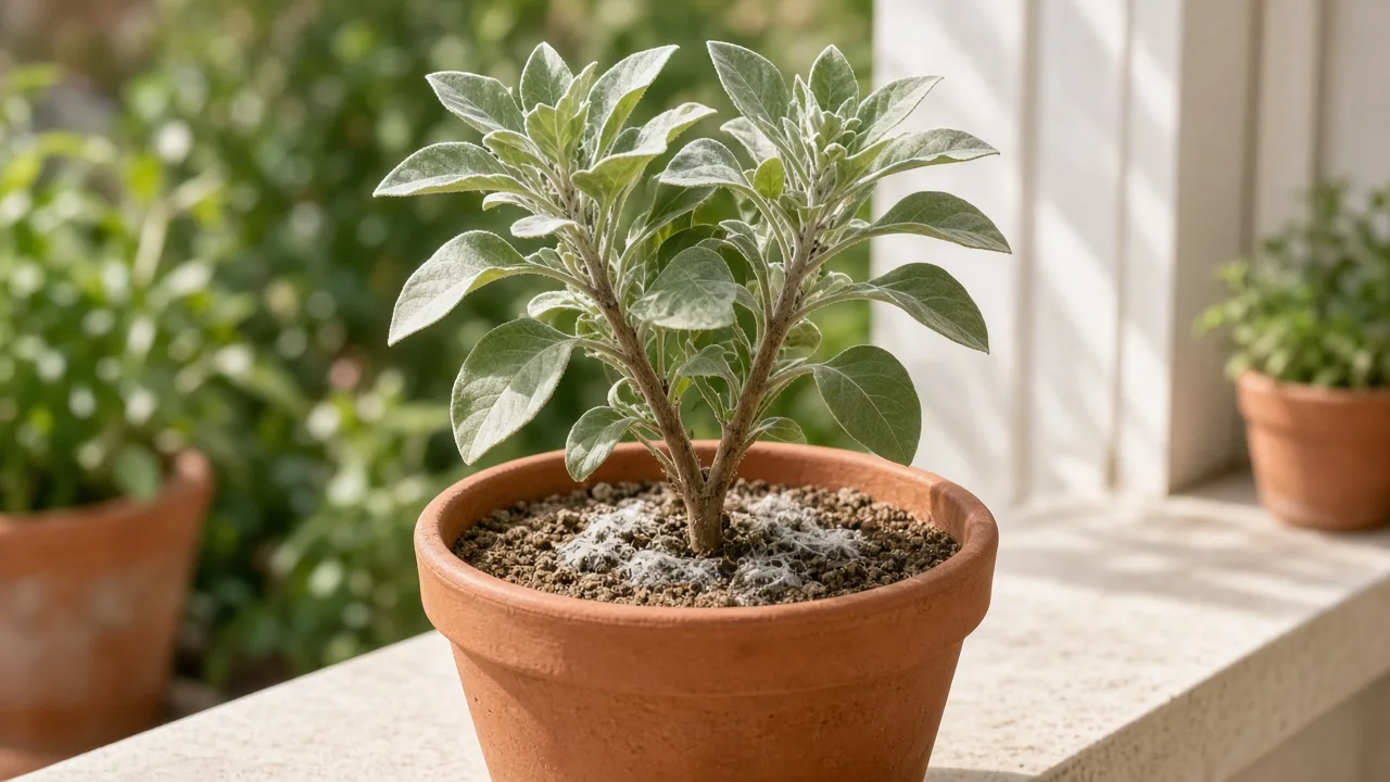 Mold on soil on Ashwagandha - white fuzzy growth on sandy potting mix at the base of silvery-green hairy stems