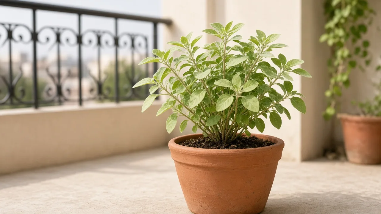 Pale Leaves on Ashwagandha - washed-out lime-green foliage on a terrace pot