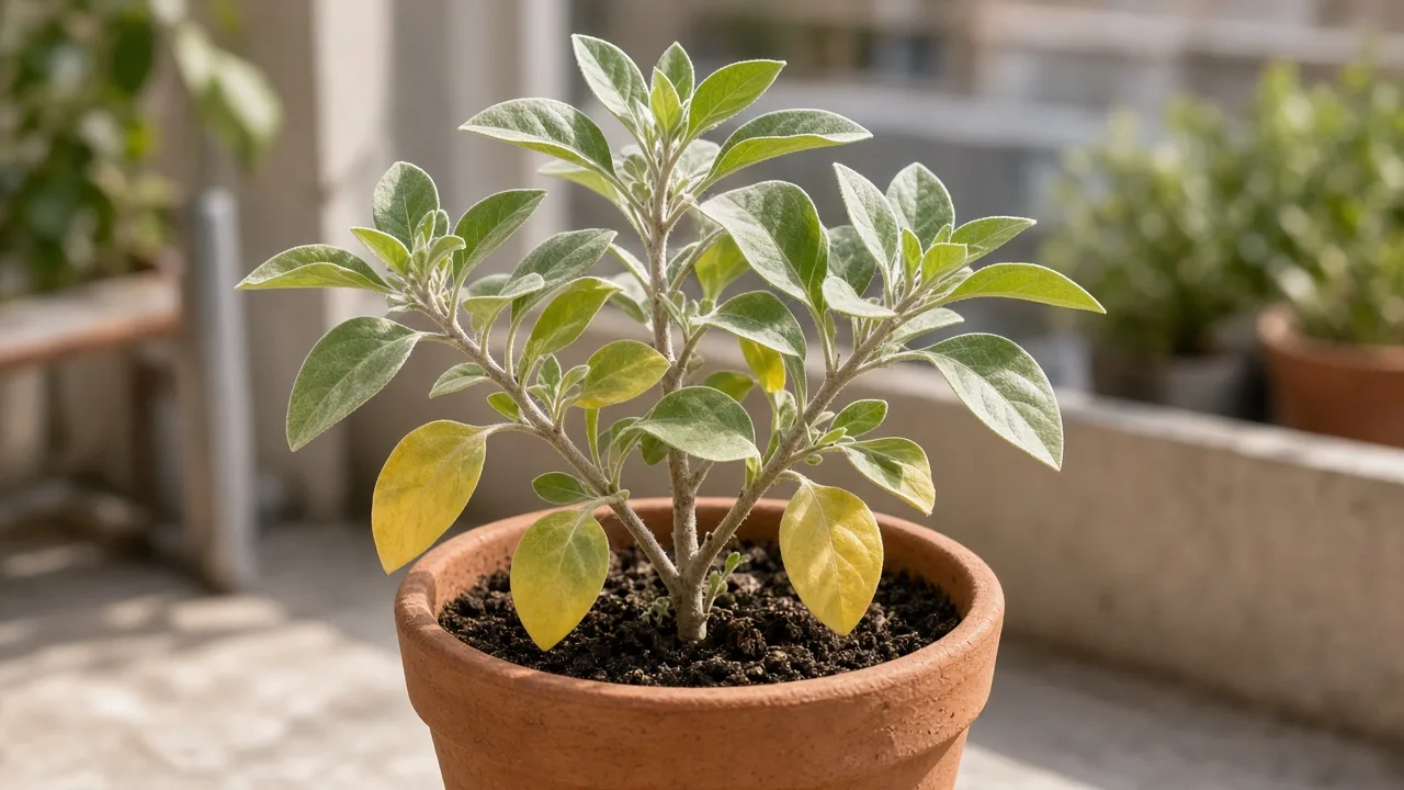 Yellow leaves on Ashwagandha - oldest lower opposite silvery-hairy leaves fading yellow-green on erect woody stems in a sunny terrace pot