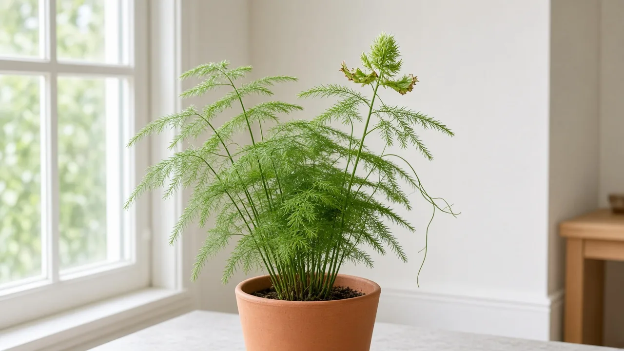 Calcium deficiency on Asparagus Fern - cupped new cladode spray at stem tip on wiry branching stems