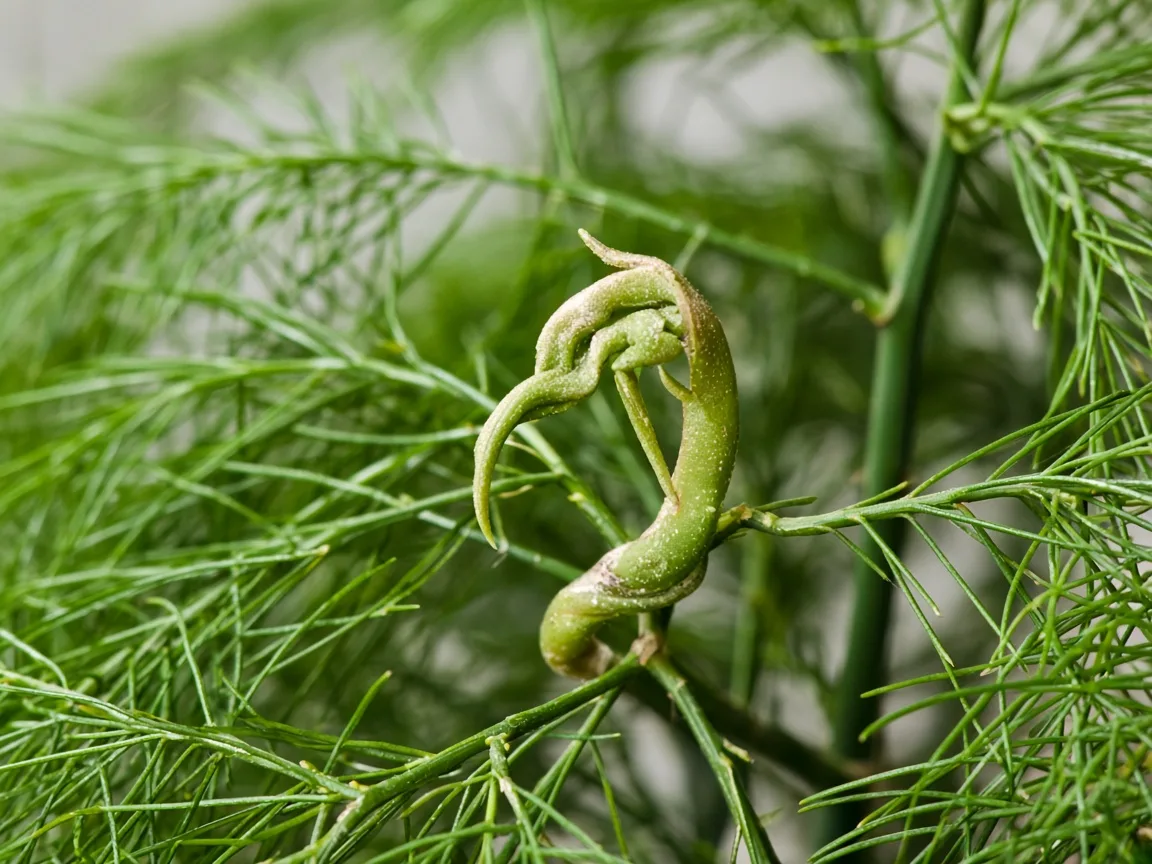 Close-up of distorted leaves on Asparagus Fern - kinked scarred new cladode spear