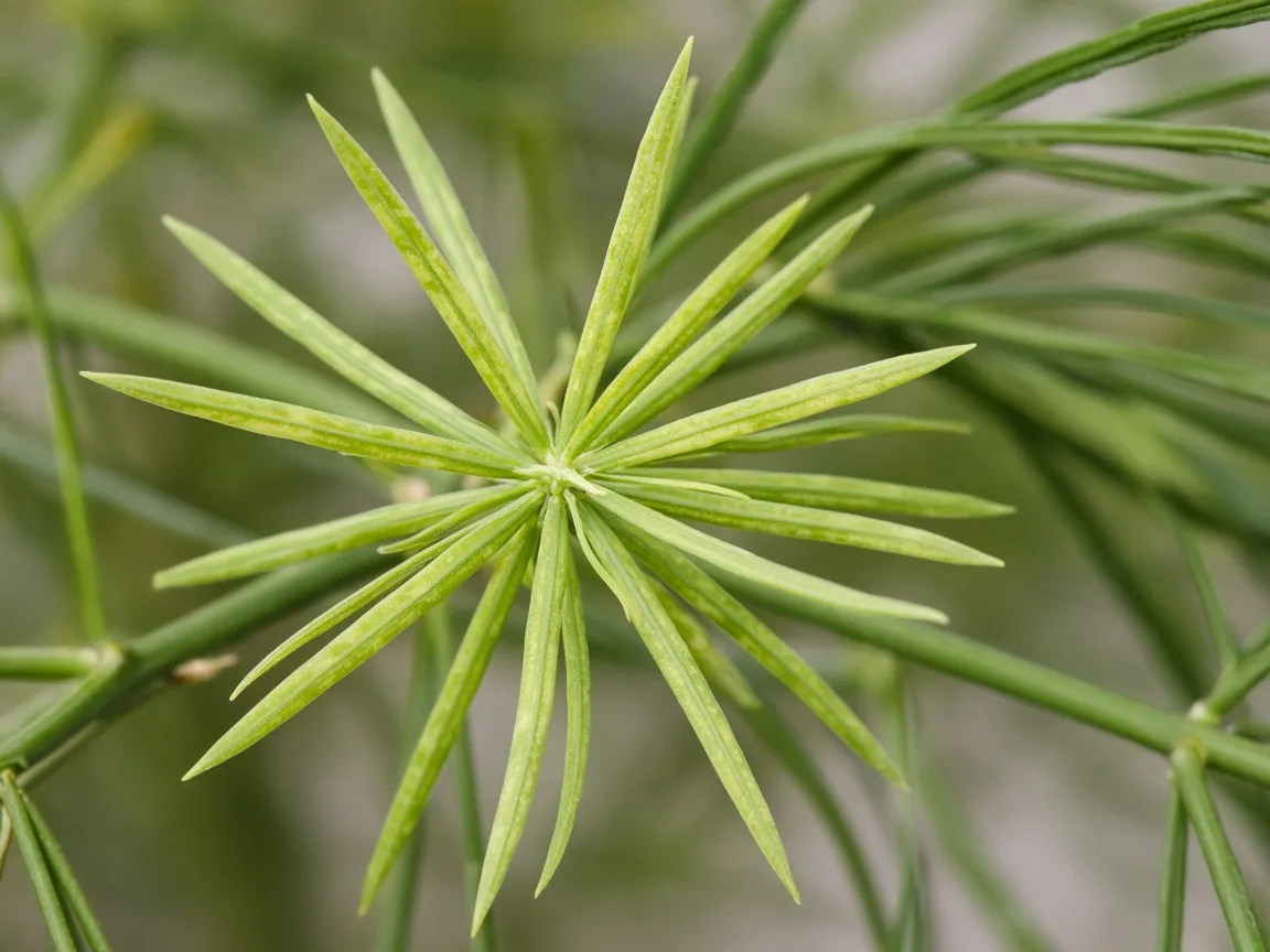 Close-up of iron deficiency on Asparagus Fern - pale new cladode spray with green veins at stem tip