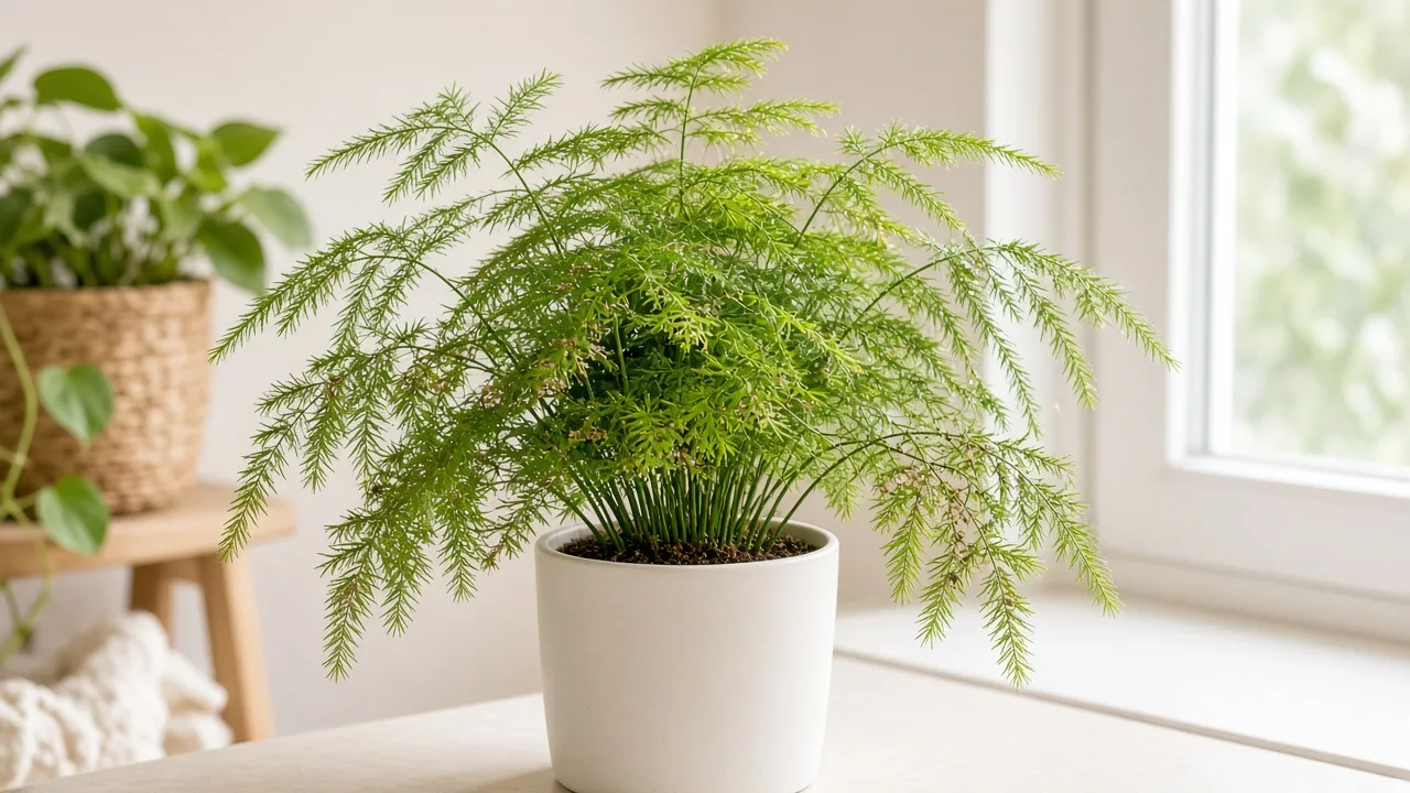 Scale insects on Asparagus Fern - tan bumps on wiry arching stems with feathery green cladodes