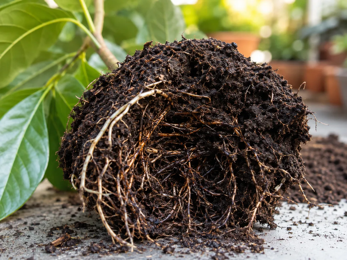 Avocado root ball showing darkened decaying feeder roots alongside some pale healthy roots