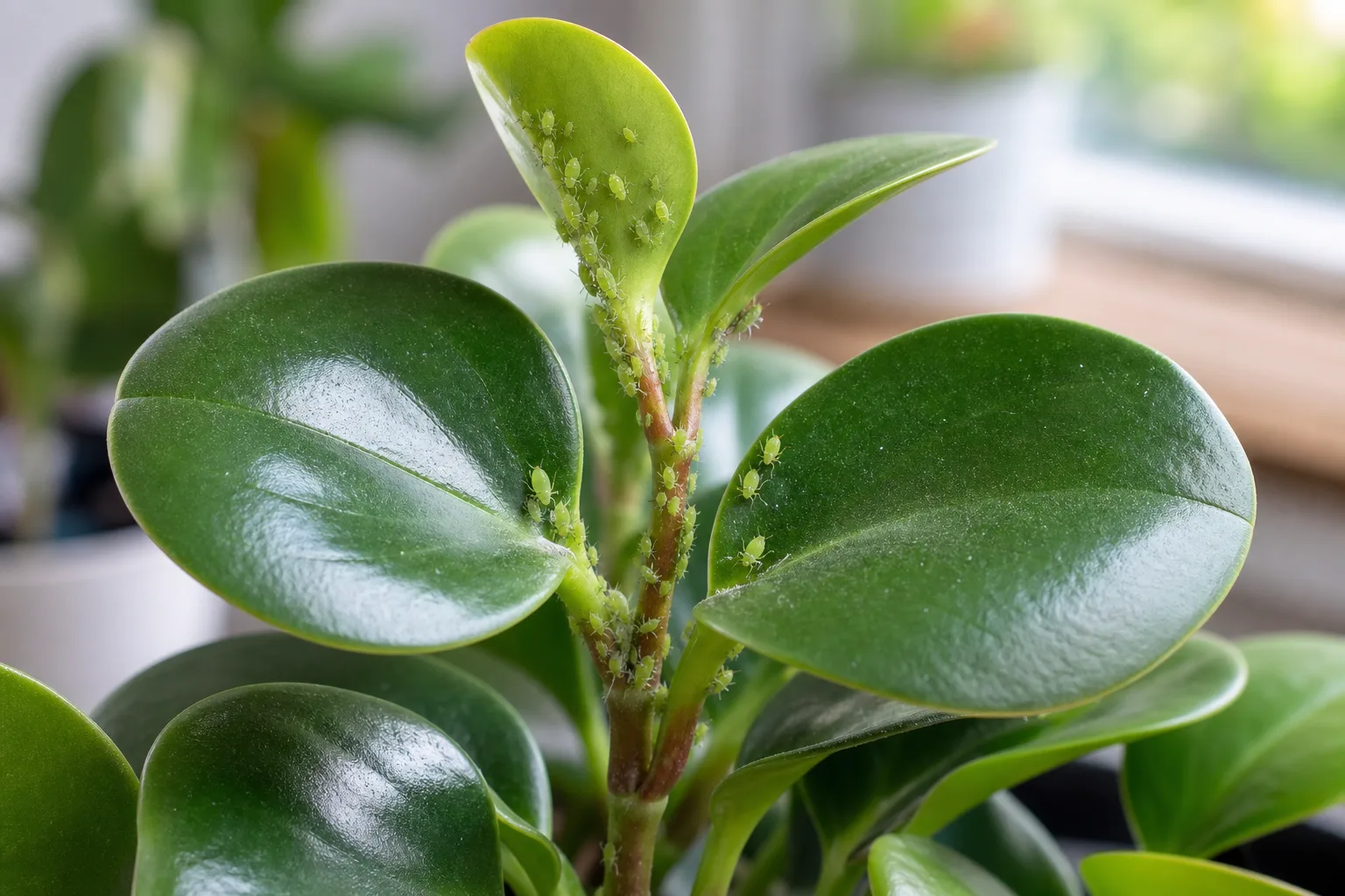 Aphids on Baby Rubber Plant - visible symptom on the plant