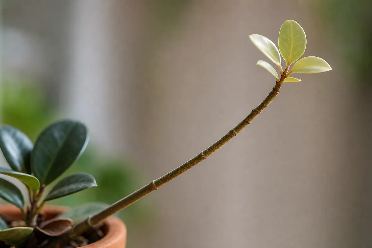 Close-up of Leggy Growth on Baby Rubber Plant - diagnostic detail
