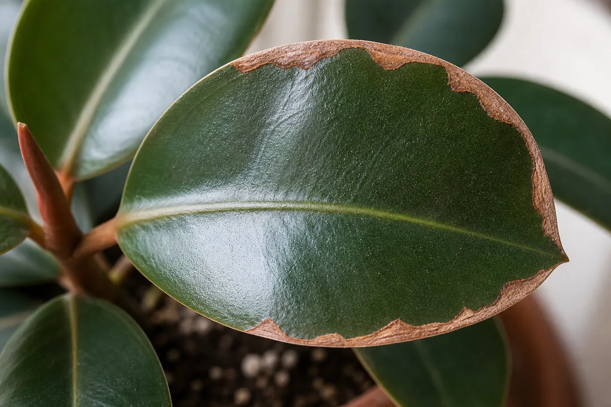 Close-up of Low Humidity on Baby Rubber Plant - diagnostic detail
