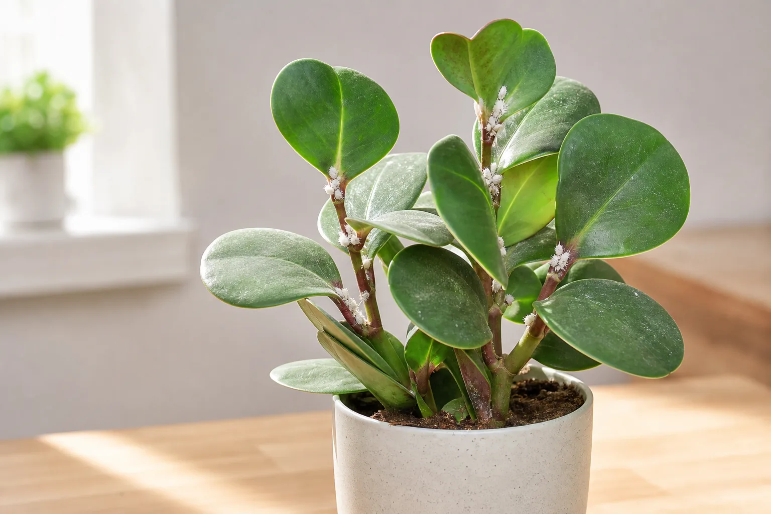 Mealybugs on Baby Rubber Plant - visible symptom on the plant