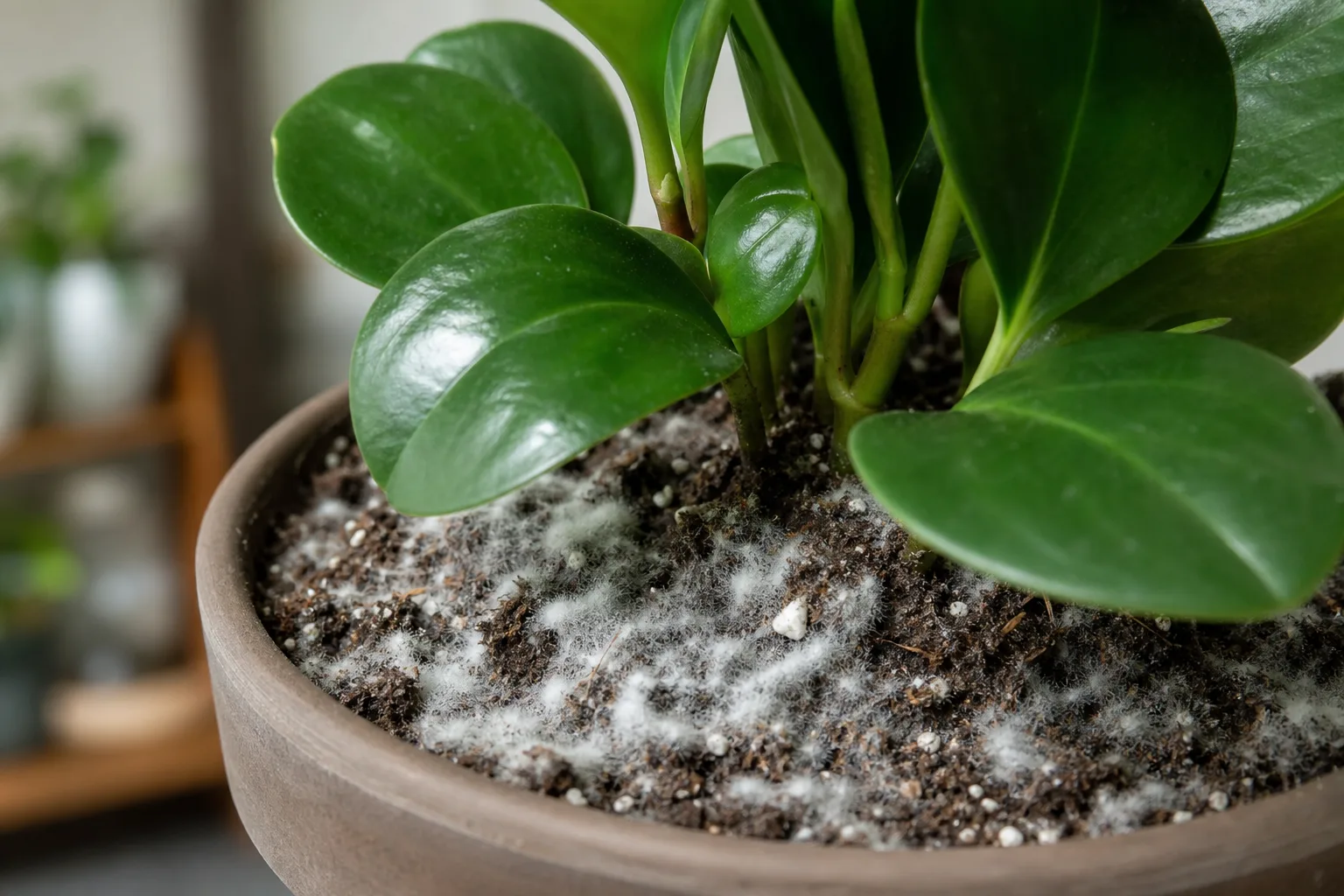 Mold on Soil on Baby Rubber Plant - visible symptom on the plant