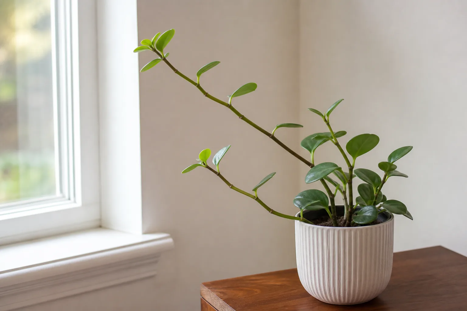 Not Enough Light on Baby Rubber Plant - visible symptom on the plant