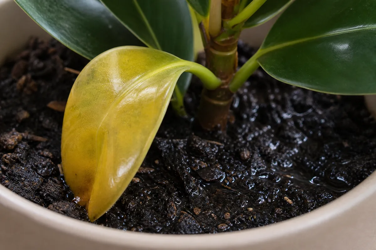 Close-up of Overwatering on Baby Rubber Plant - diagnostic detail