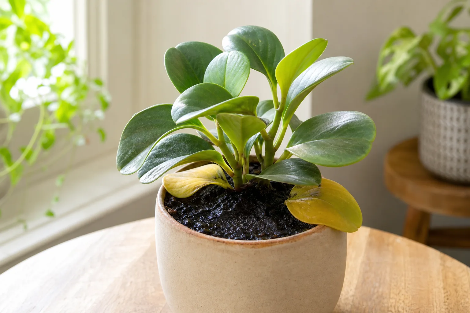 Overwatering on Baby Rubber Plant - visible symptom on the plant