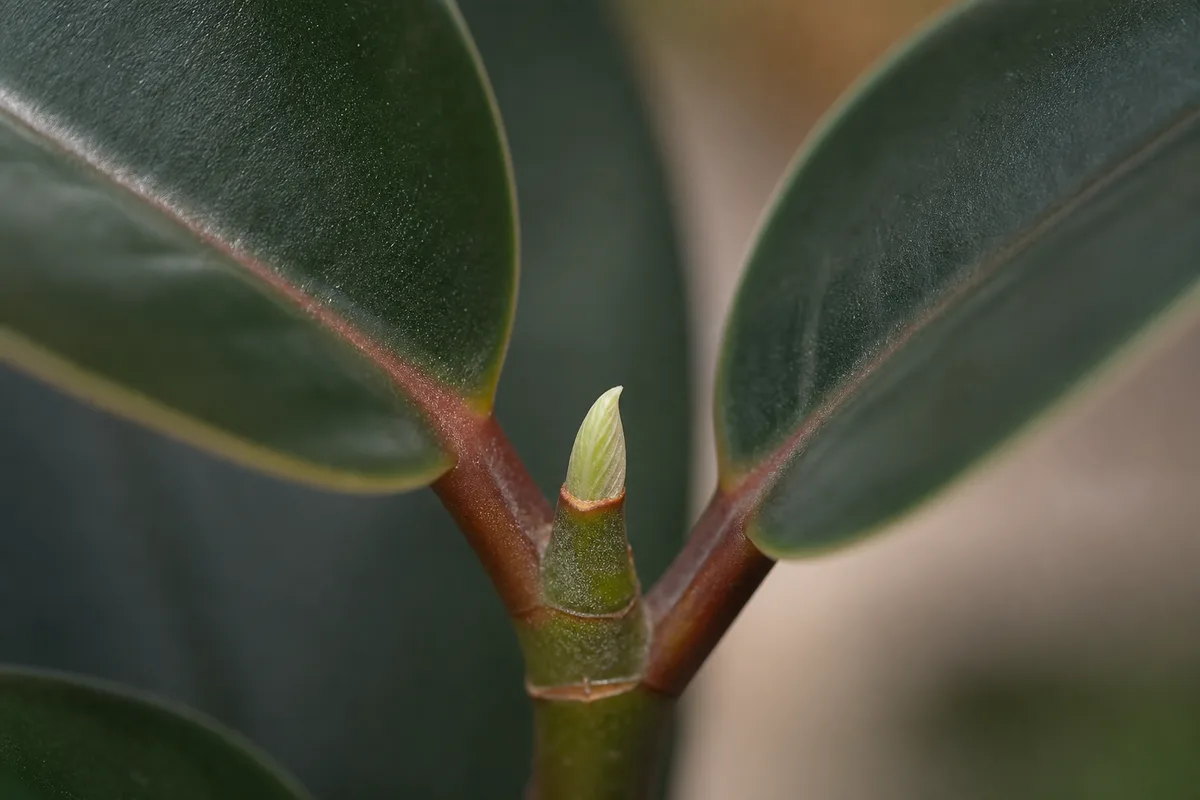 Close-up of Slow Growth on Baby Rubber Plant - diagnostic detail