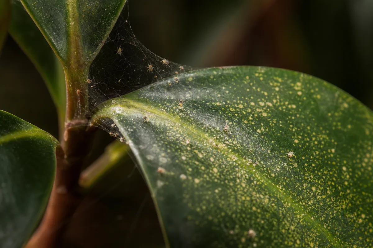 Close-up of Spider Mites on Baby Rubber Plant - diagnostic detail