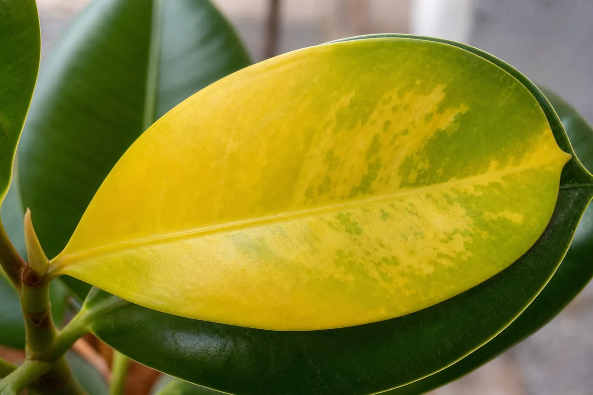 Close-up of Yellow Leaves on Baby Rubber Plant - diagnostic detail