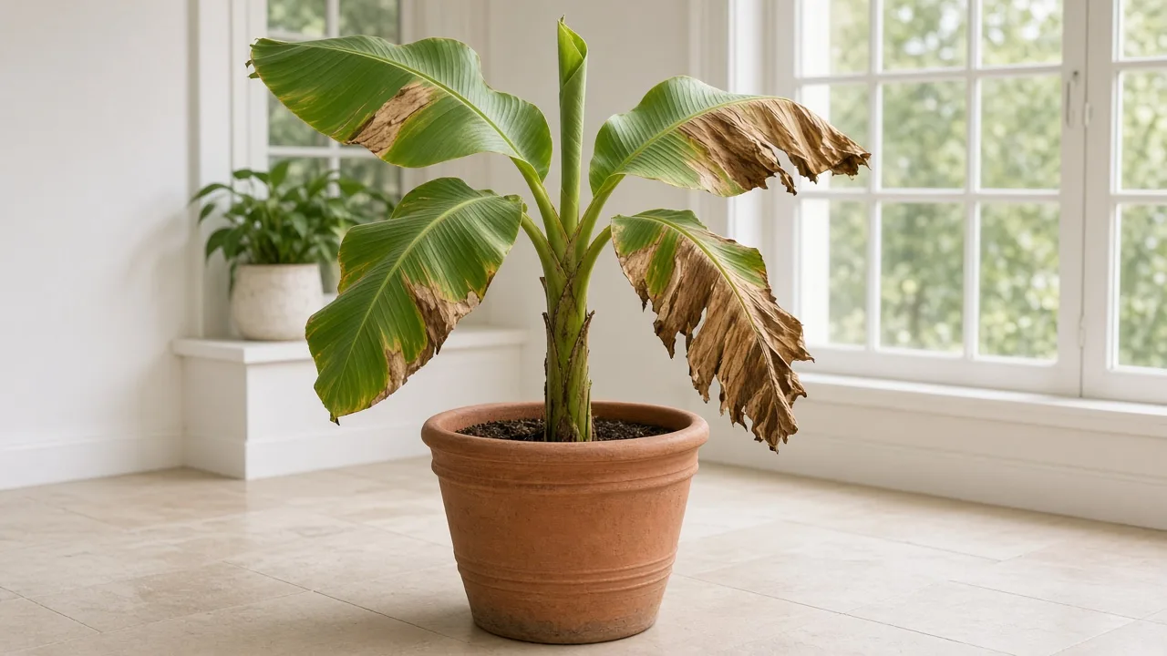 Brown leaves on Banana - tan and brown patches on broad paddle leaves of a container banana plant