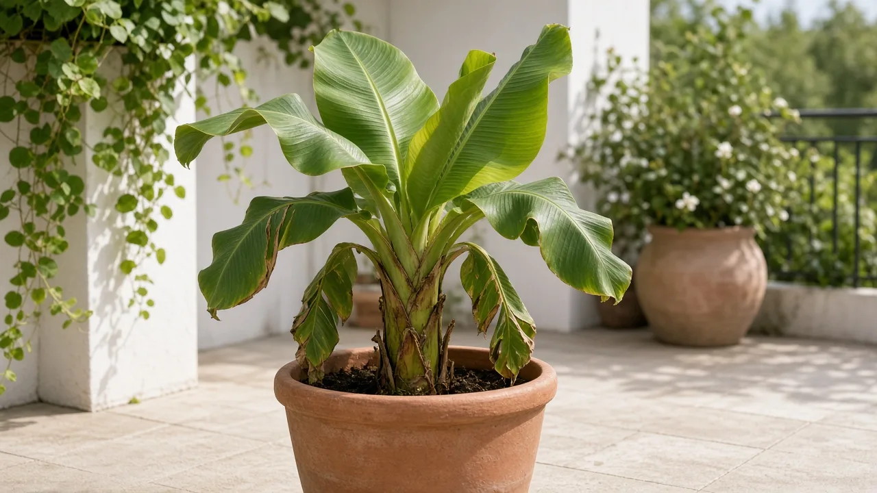 Curling leaves on Banana - drought-folded paddle leaves on a container Musa acuminata with a firm pseudostem