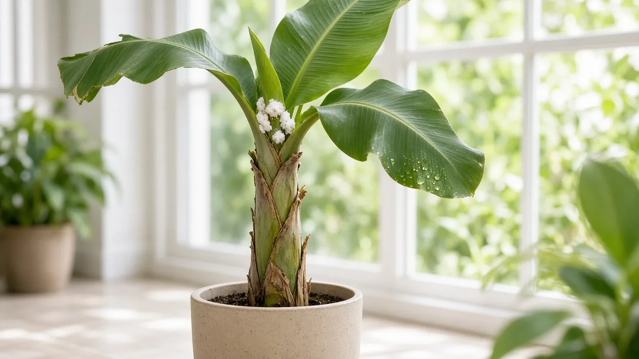 Mealybugs on Banana - white cottony clusters tucked between overlapping pseudostem leaf sheaths on a container Musa acuminata