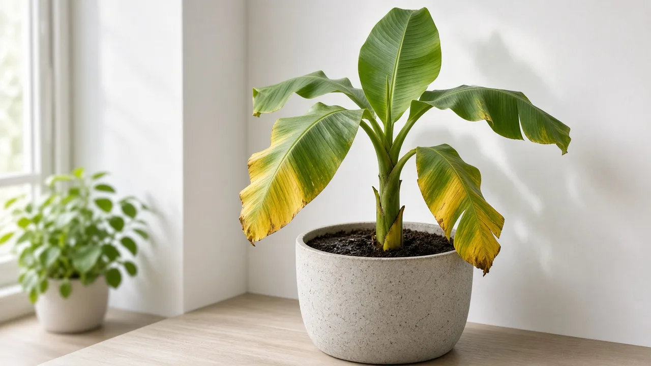 Overwatering on Banana - yellowing paddle leaves and heavy wet pot around a container-grown Musa acuminata pseudostem