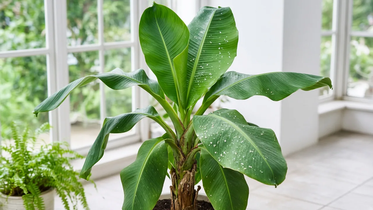 Whiteflies on Banana - tiny white insects on the undersides of large paddle leaves and sticky honeydew on a container Musa acuminata