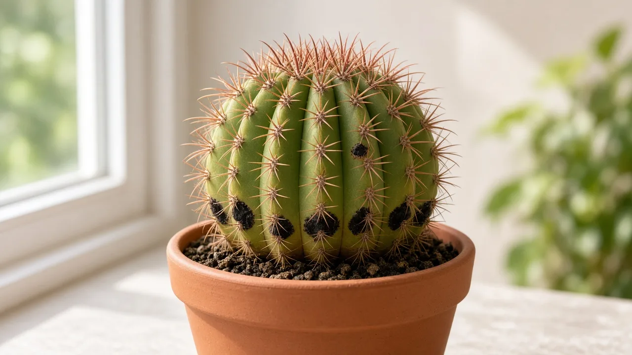 Black Spots on Barrel Cactus - sunken dark patches on ribbed stem in a sunny windowsill pot