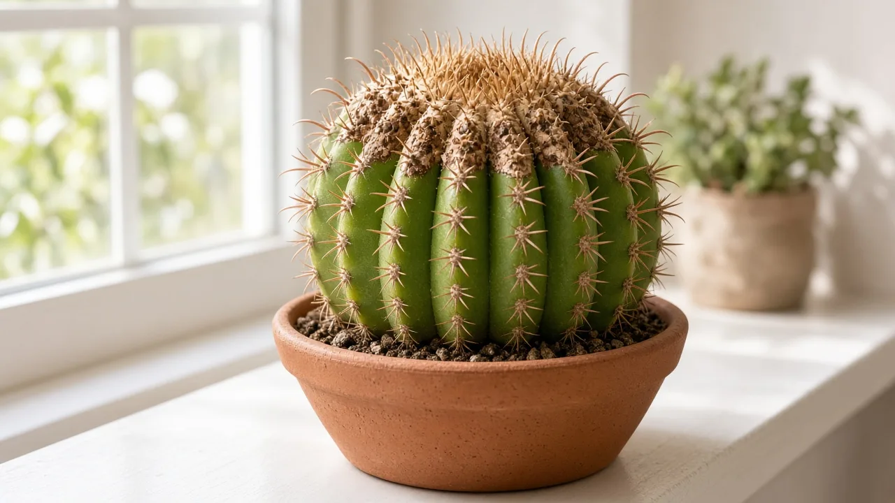 Brown tips on Barrel Cactus - dry tan patches at the crown and upper rib crests of a ribbed Ferocactus