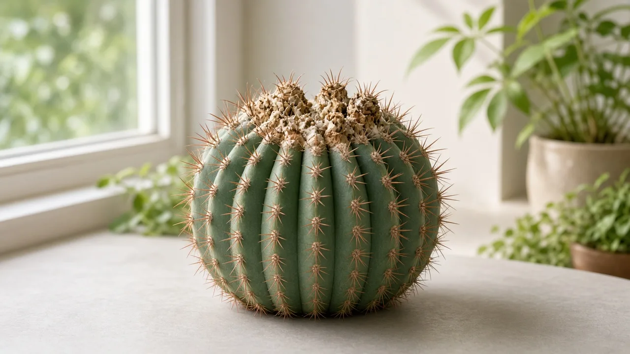 Calcium deficiency on Barrel Cactus - distorted crown areole spines on ribbed Ferocactus barrel
