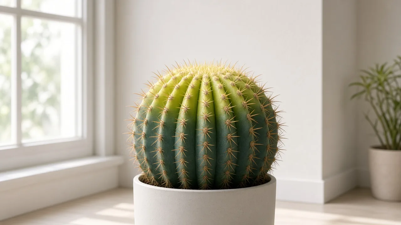 Iron deficiency on Barrel Cactus - pale washed-out crown areoles on ribbed Ferocactus barrel