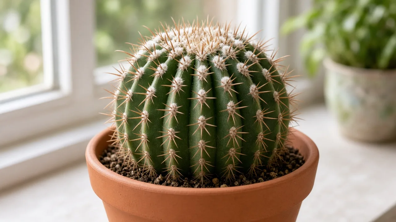 Mealybugs on Barrel Cactus - white cottony wax clusters in crown areoles on a ribbed Ferocactus